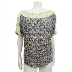 Free people geo print crochet neckline top